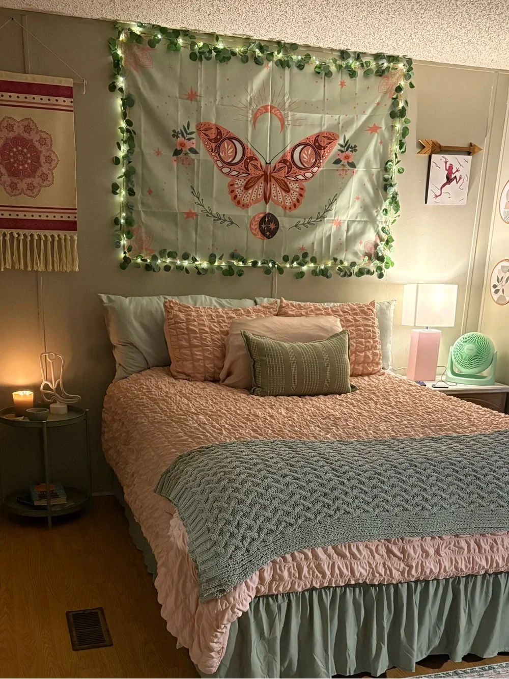 Pink and Green Butterfly Tapestry Mandala Floral Pattern with Moon and Stars